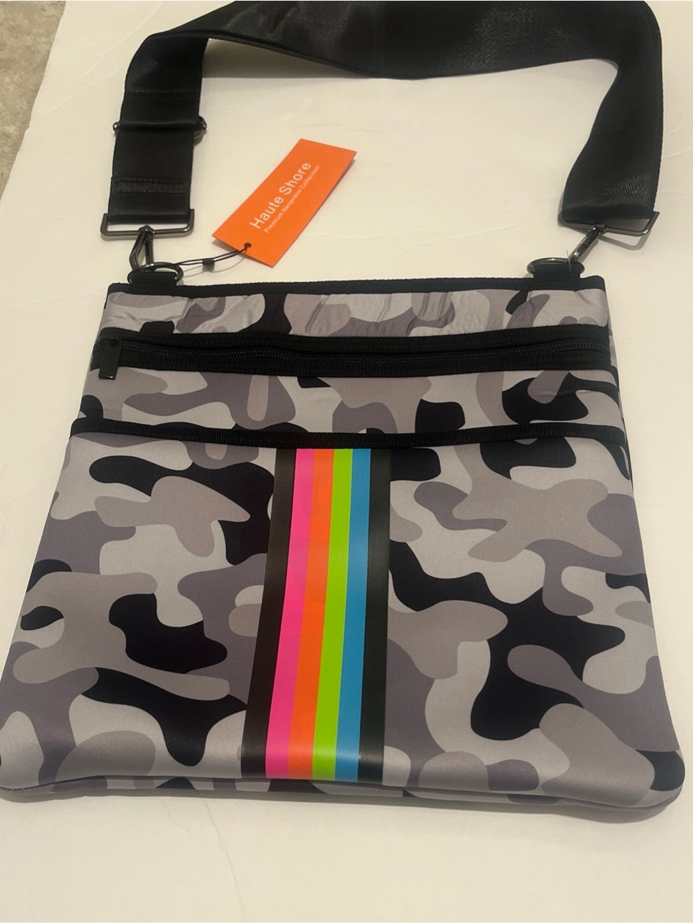 HAUTE SHORE Gray Camo Messenger Bag with Rainbow Stripe